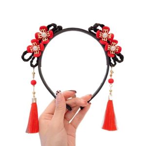 VCH Red Hanfu Wig Headband Chinese Style Pearl Flower Tassel Headband Tang Suit Ancient New Year Headwear Children