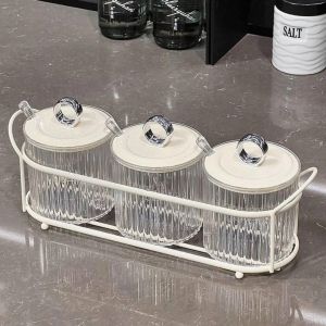 Set 3-4 hũ gia vị nắp có vòng khuyên tròn kèm khay kim loại dụng tiện dụng