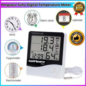 COD Taffware Alat Pengukur Suhu Humidity Digital Temperature Meter Clock - HTC-2 / alat pengukur suhu ruangan luar ruangan digital tempratur akurat otomatis terbaik terbaru ada jam kalender panas dingin terbaik rekomended bahan kuat kokoh bagus top viral
