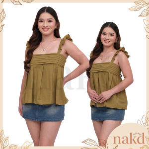NAKD FASHION KINDRA RUFFLE SLEEVES COTTON LINEN BASIC DAILY FLOWY PLEATED CASUAL SMOCKING TOP 1806