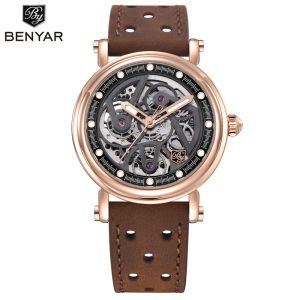 BENYAR 2025 New Autoamtic Mechanical Men Watch Luxury Hollow Style Genuine Leather Luminous Watch For Men BY-5202