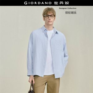 Giordano Men Striped seersucker pocket long sleeve shirt Free Shipping 18046809