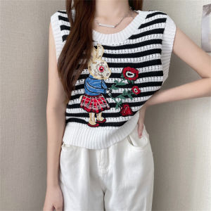 Missliu Fashion Womens Stripe Sleeveless Top Knitted Short Sleeve 2025 Summer New Korean U-neck Cartoon Rabbit Embroidered Loose Vest Top