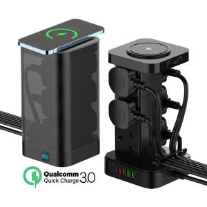 SG[READY STOCK] Heavy Duty Safety Vertical Power  2 Meter Surge Protector Singapore UK Plug with Wireless Charger PD30W NEW Vertical Power Tower Extesnion Socket  USB C Desktop Tower Power strip  with PD30W & QC3.0 Fast Charger Surge Protector Switch