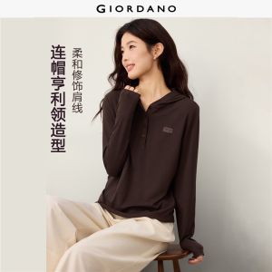 Giordano Beau Monde Women Woven label half button hooded long sleeve tee Free Shipping 13326624