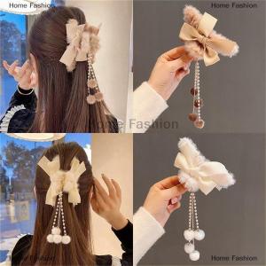 [COD] Home Fashion Fashion Women Soft Plush Bow Tassel Hair Claw Clips Elegant Hair Clips Headwear