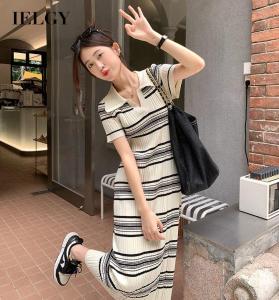 IELGY Retro striped knitted short-sleeved dress womens casual waist style