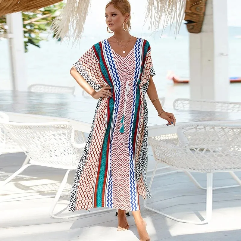 Ikat Kaftan Thailand Beach Cover Ups Holiday Women Maxi Dress Batik  Loungewear Tropical Boho Party Evening Dresses Caftan Chic