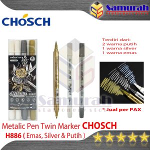 Spidol Metalik Chosch CS H886 Set isi 4 pcs / Metallic Twin Marker Brush & Bold Warna Putih - White / Emas - Gold / Perak - Silver
