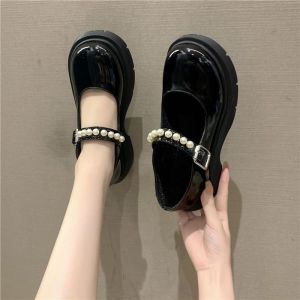 Free Shipping Retro-Style Women’S Spring New Collection: Pearl-Embellished Single-Strap Thick-Soled Flats