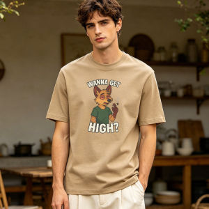 WANNA GET HIGH Summer Men Cotton Crew Neck T-Shirts Laid Back Cartoon Fox Graphic Funny Statement Theme Outdoor Versatile Tops