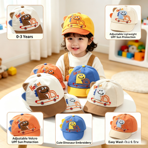 AILEBE Kids Caps Adjustable Soft Baby Baseball Cap With Cute Dinosaur Embroidery Breathable Lightweight 100%  Velcro Adjuster For 0-3 Years UPF Sun Protection Peaked Hat Easy Wash Quick Dry Perfect For Outdoor Wear Boys Girls