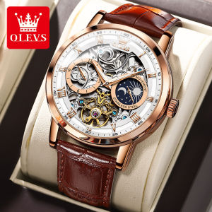 OLEVS 6670 Fashion Waterproof Watch For Men Automatic Mechanical Genuine Leather Band Men Wristwatch Month Display