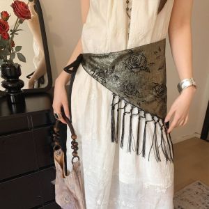 HEALMEYOU Chinese Style Triangular Waist Belt Tassel Printing Butt Curtain Skirt Split Y2K Floral Triangular Belt Streetwear