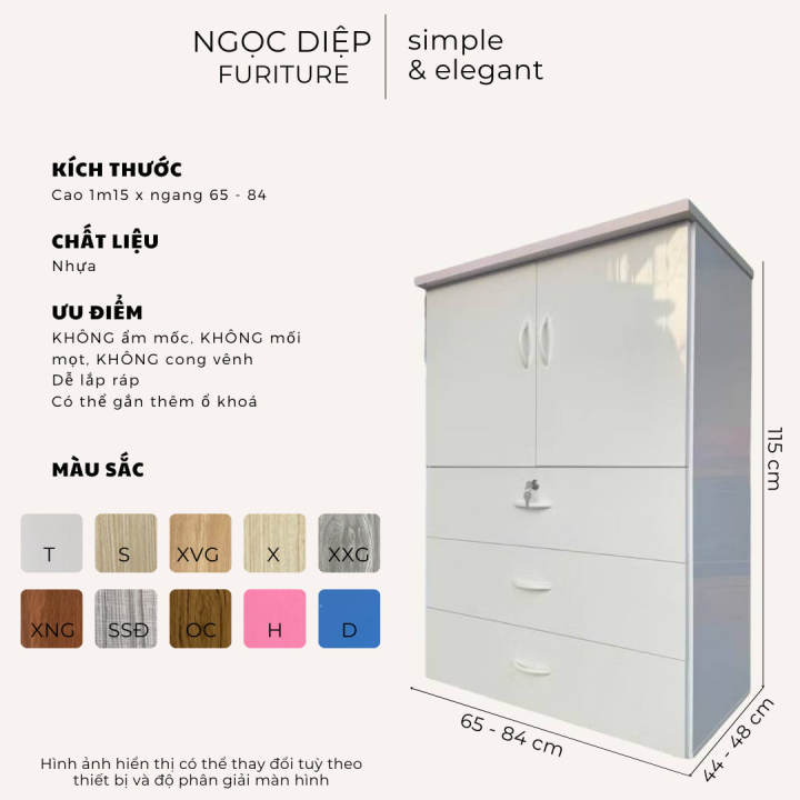 Tủ quần áo nhựa Ngọc Diệp 2 CÁNH 3 NGĂN KÉO cao 120cm - Phù hợp làm tủ ...