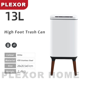 Plexor 9L/13L Automatic Metal Garbage Can with Lid Brushed Stainless Steel Motion Sensor Trash Can with Lengthen Wooden Legs Kitchen High Foot Dustbin for Bedroom Wastebasket Dog Proof Trash Bin for Bathroom Bedroom（White/Black）