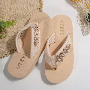 [Free Shipping] Plus-Size Rhinestone Beach Sandals For Women Suitable For Summer Wear Beach Vacations With Thick Soles Toe-Post Design And A Platform Wedge Heel