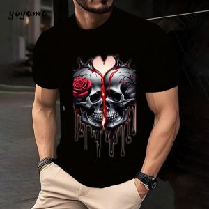 3D Print Skull Mens T-Shirt Summer Mens Top Trendy Versatile O-Neck Mens Short Sleeve Retro Fashion Plus Size Mens Clothing