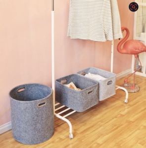 Thick Wool Self Standing Foldable Storage Box Basket Collapsible Hamper Organizer Metal Handle Bakul Home Organizer Storage Bag