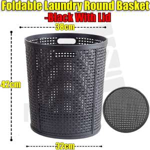 Foldable Round Laundry Basket Black- Round Collapsible Plastic Hamper with Handle for Dirty Clothes