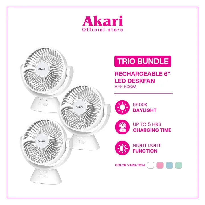 Akari Trio Bundle - 6" Rechargeable Desk fan w/ Night Light Function (ARF-606W) 3PCS