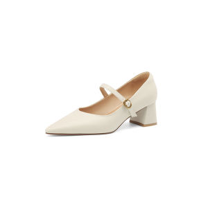 Free Shipping Retro Apricot-Colored WomenS Shoes Suitable For Spring And Autumn With A Single-Strap Design Chunky Heels Versatile Pointed-Toe Style And High Heels
