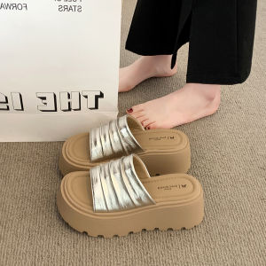 [Free Shipping] Thick-soled leather pleated high-heeled sandals for women 2026 summer new versatile casual outdoor height-increasing sandals