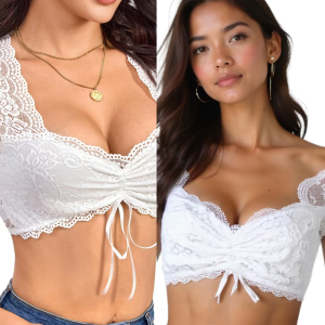 Womens Classical Oktoberfest Sheer White Lace Dirndl Blouse witth Drawstring Bavarian Short Sleeve Cropped Shirt Top