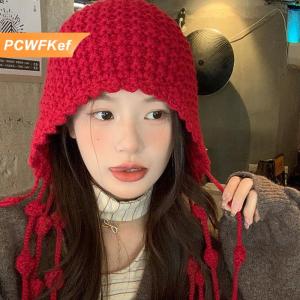 【PCWFKef】 Ngọt ngào handmade mùa thu mùa đông dệt kim Beanies hat len ấm tai bảo vệ hat Windproof tua Áo Thun hat