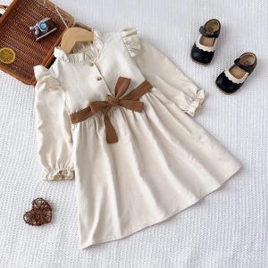 Gấu lãnh đạo mùa thu thời trang nữ giản dị Dresses 3-7y phiên bản Hàn Quốc màu trơn dài tay đứng lên vành đai cổ áo trẻ em Ăn mặc