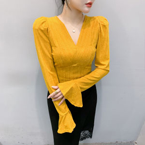 YIMEI เสื้อคอวีแฟชั่นใหม่สำหรับฤดูใบไม้ผลิ2025เสื้อแขนยาวคอวีเกาหลีเสื้อสีชมพูสวยสง่างามและเขาสัตว์สวยงาม