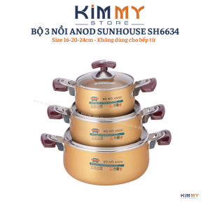 BỘ 3 NỒI ANOD SUNHOUSE SH6634/SH6634N - Bộ 3 Nồi Nhôm SUNHOUSE Màu Vàng Siêu Đẹp Dùng Cho Mọi Loại Bếp ( Bếp Gas Bếp Hồng Ngoại ) - hàng chính hãng