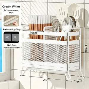Keranixy Wall Mounted Chopsticks Holder Rust Proof Metal Mesh Cutlery Draining Rack Countertop Storage Bekas Penyud