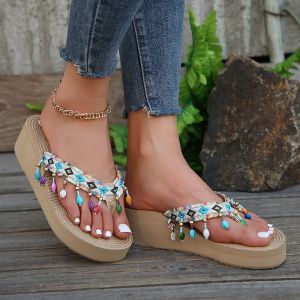 [Free Shipping] WomenS Summer Outdoor Sandals With A Platform Sole Featuring A Bohemian Style Tassels Ethnic Patterns And A Wedge Heel Perfect For The Beach