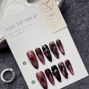 [HANDMADE]Artificial Nail European and American 3D Snake Pattern Dark Blood Red Hot Girl Manicure Phototpy Nails Reusable and Removable Nails
