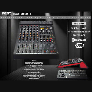 MIXER AUDIO FEST VIOLET 6 VIOLET6 6 CHANNEL ORIGINAL 6 Mono Mic Line Insert + Stereo LR 4 Band EQ High Mid Mid Freg.Low 3 Aux (2 Aux Send +1 Aux FX) 199dsp Edit A.B With FX Send To AUX 1-2
