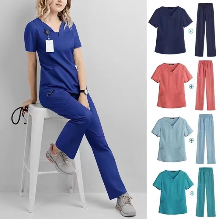 Women Medical Scrubs Doctor Uniform Trousers Set Nurse Dentist Hospital  Suits