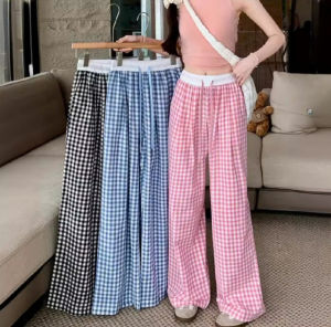 Quần kẻ caro ống rộng dáng suông nữ cạp chun lưng cao họa tiết kẻ sọc caro lạ mắt chất kate CARY