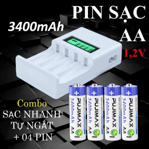 Bộ Sạc Pin AA AAA Pujimax Tự Ngắt + 4 Viên Pin AA 3400mAh Dung Lượng Cao | Dùng Cho Chuột Micro Đồ Chơi