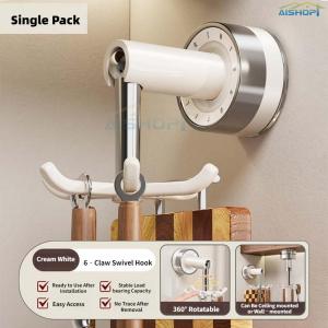 [SG Seller]Suction Cup Rotatable Kitchen Utensil Hook No-Drill Wall Mount 6-Hook Hanger for Cookware & Gadgets