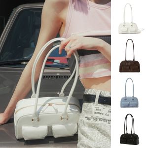 COLOO Korean Style PU Bowling Bag Handbag Solid Color Underarm Bag Retro French Style Pocket Boston Tote Bag Outdoor