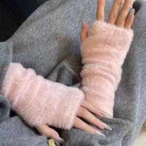 Thời Trang Mùa Đông Chồn Lông Cừu Mềm Mại Găng tay hở ngón Phụ Nữ Ấm Áp Rắn Sang Trọng Găng tay hở ngón dệt kim Dài Cổ Tay Găng Writting