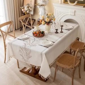 Rustic Cotton Linen Tablecloth Heavy Weigh Embroidery Table Cloth for Rectangle Farmhouse Spill-Proof Table Cover with Tassels2026
