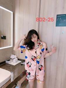 JayJayfashion เสื้อนอนคอปกแขนสั้นขา ผ้าซาตินนิ่มใส่สบายไม่เครืองผิวสีสด