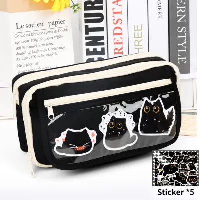 Adorable Black/White Cartoon Cat Pencil Case - Durable Waterproof Design with Transparent Flip-top Zipper Multi-Compartment Storage for 20cm Ruler & 80 Pens - Perfect School Suppl