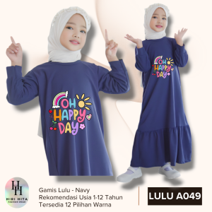 Hirihita Lulu A049 Baju Gamis Lulu Anak Perempuan Sablon Oh Happy Day 12 Warna 1-12 Tahun