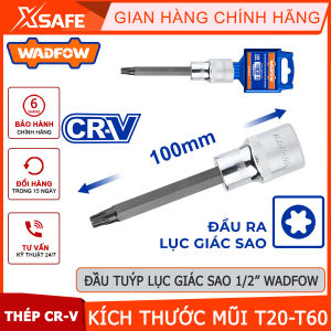 Đầu tuýp 1/2 ra đầu vít lục giác sao dài WADFOW kích thước mũi T20-T60mm chiều dài 100mm chất liệu CR-V không gỉ xử lý nhiệt mạ chromechính hãng