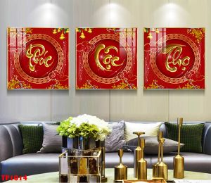 Bộ 3 tấm tranh treo tường mẫu phúc lộc thọ dáng vuông chất liệu gỗ in tráng gương