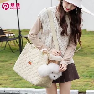 Diamond-patterned fashionable cat bag portable large-capacity breathableshoulder bag crossbody canvas lightweight soft bag for outings