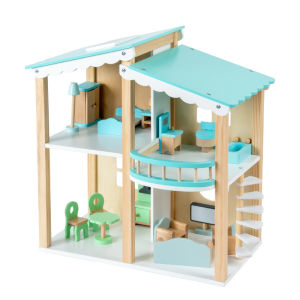 บ้านตุ๊กตาไม้ 2 ชั้ พร้อมเฟอร์นิเจอร์ สีฟ้า บ้านตุ๊กตา บ้านตุ๊กตาไม้ Wooden Doll House ของขวัญวันเกิด